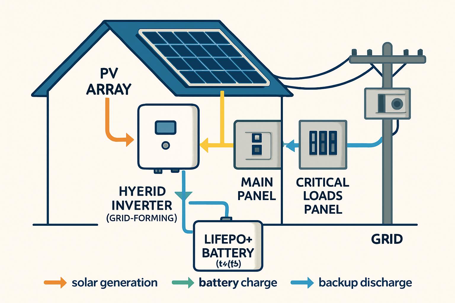 Energy flow in a hybrid solar energy system showing solar power generation, battery charging, household consumption and electricity exchange with the public grid.
