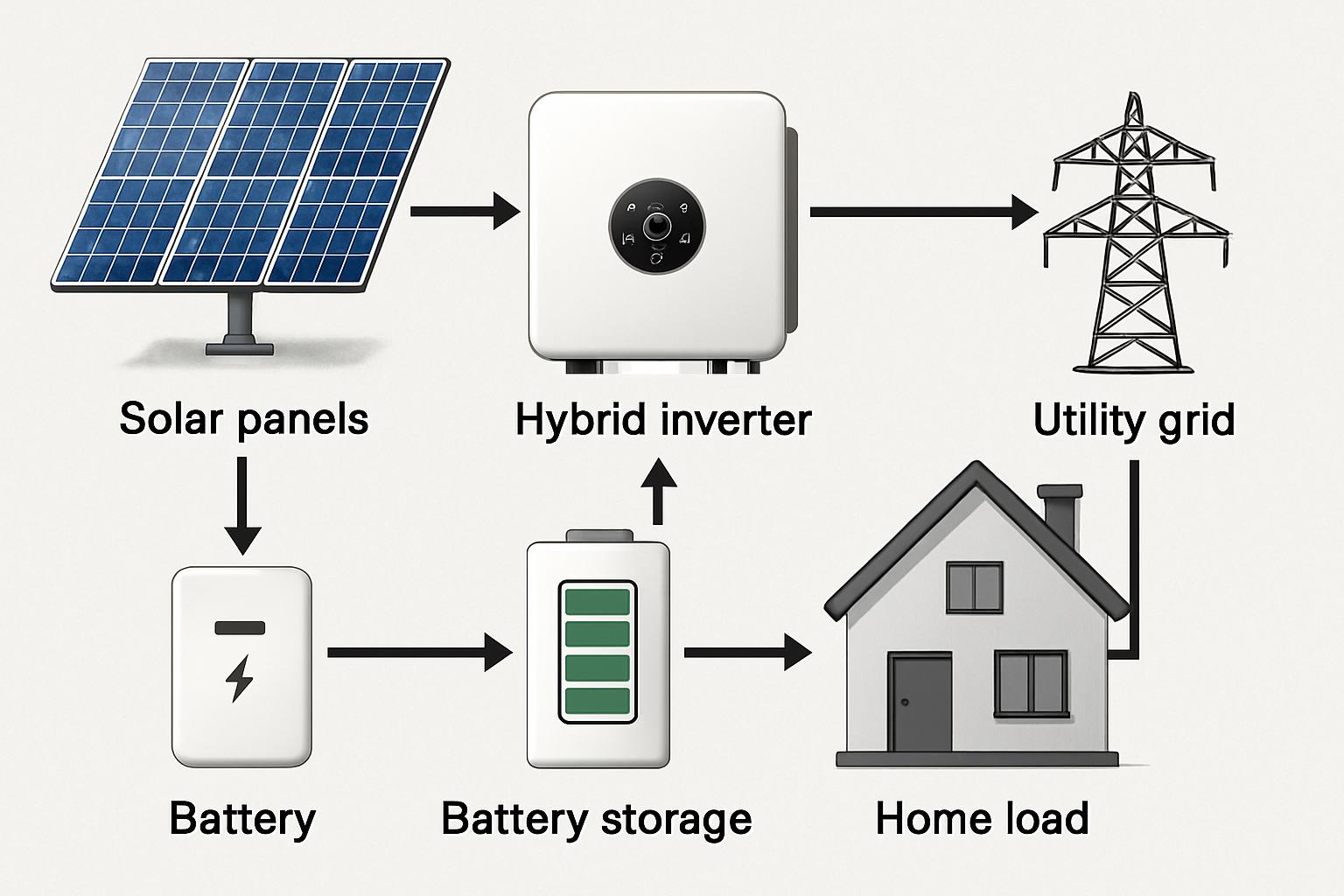 Hybrid solar energy system with solar panels, battery storage, inverter and grid connection.
